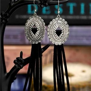 Oval Leather Tassel Earrings, Black leather